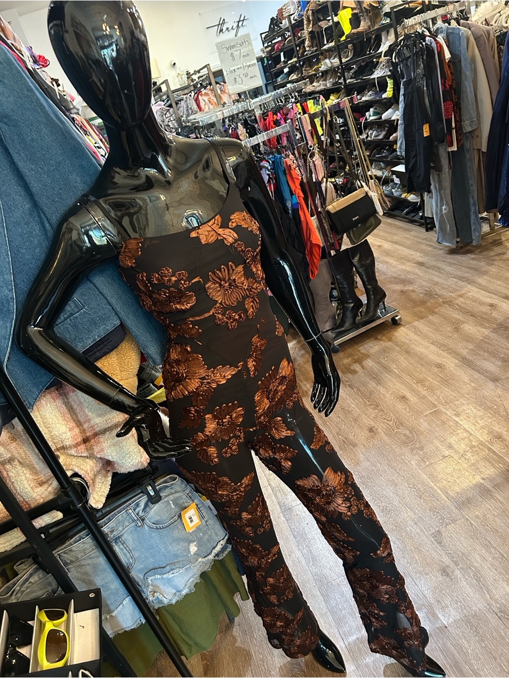 AKIRA Black Strapless Jumpsuit with Brown Floral Print - Picture 6 of 7